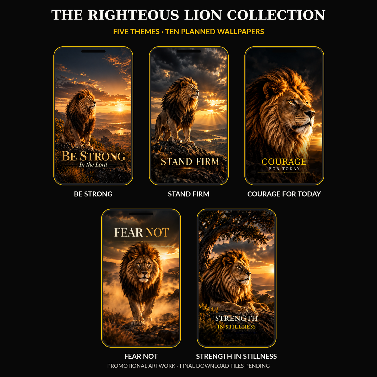 Five designs in Righteous Lion Volume 01: Be Strong Stand Firm Courage for Today Fear Not Strength in Stillness