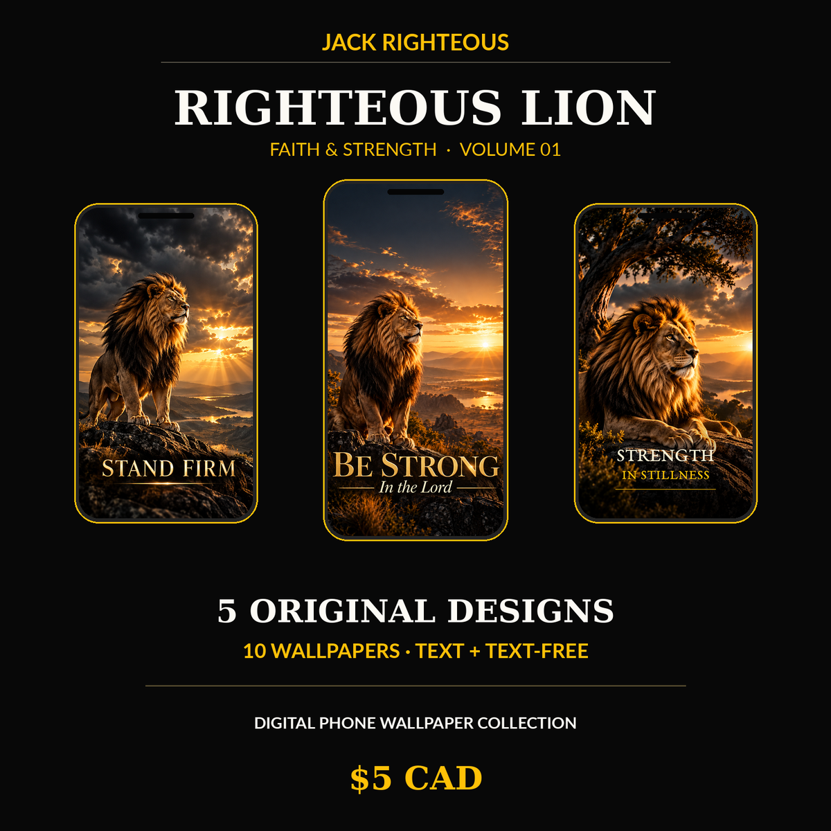 Righteous Lion Volume 01 product cover with three lion phone wallpapers and five-design ten-file bundle details