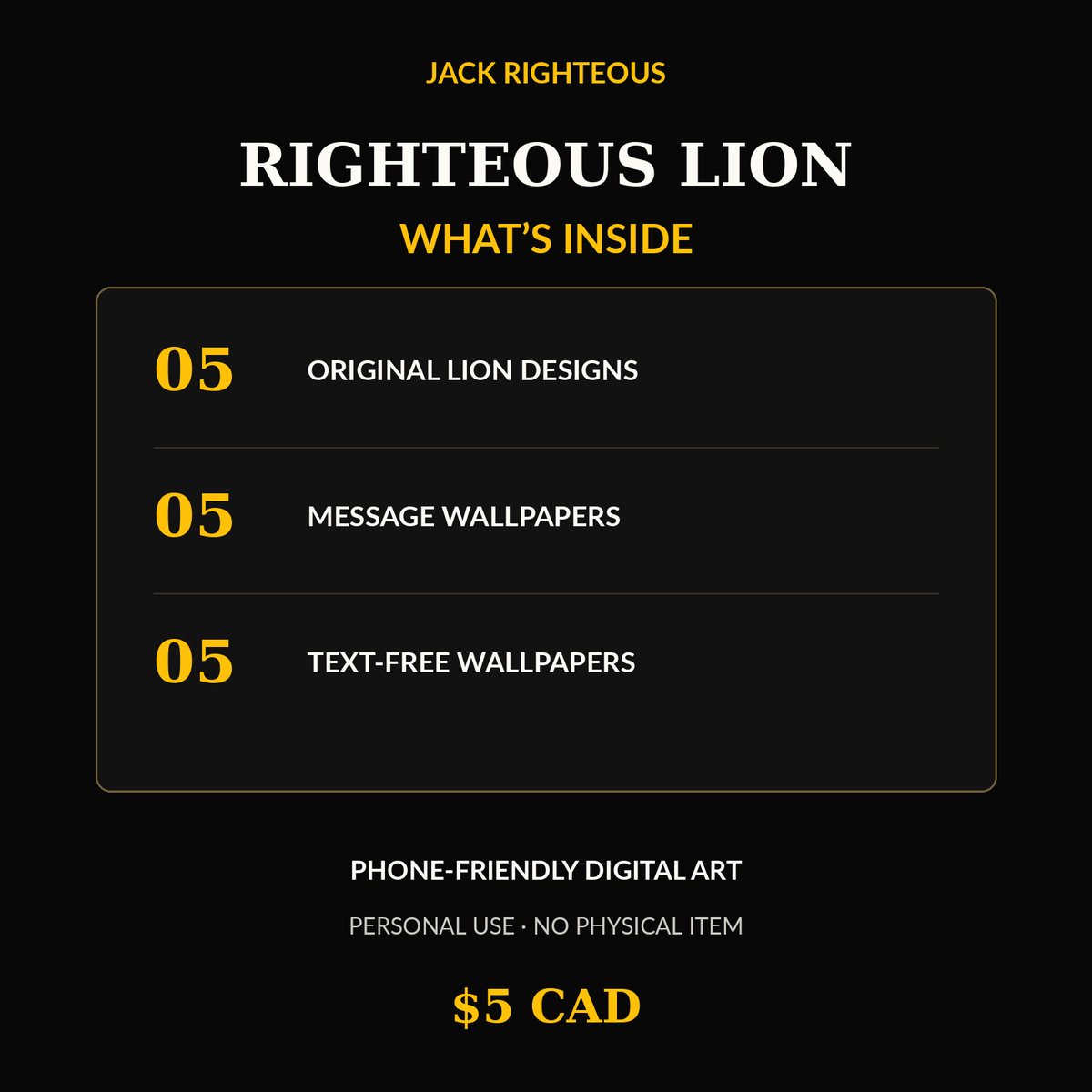 Righteous Lion Volume 01 package contents showing five inspirational wallpapers and five text-free variations
