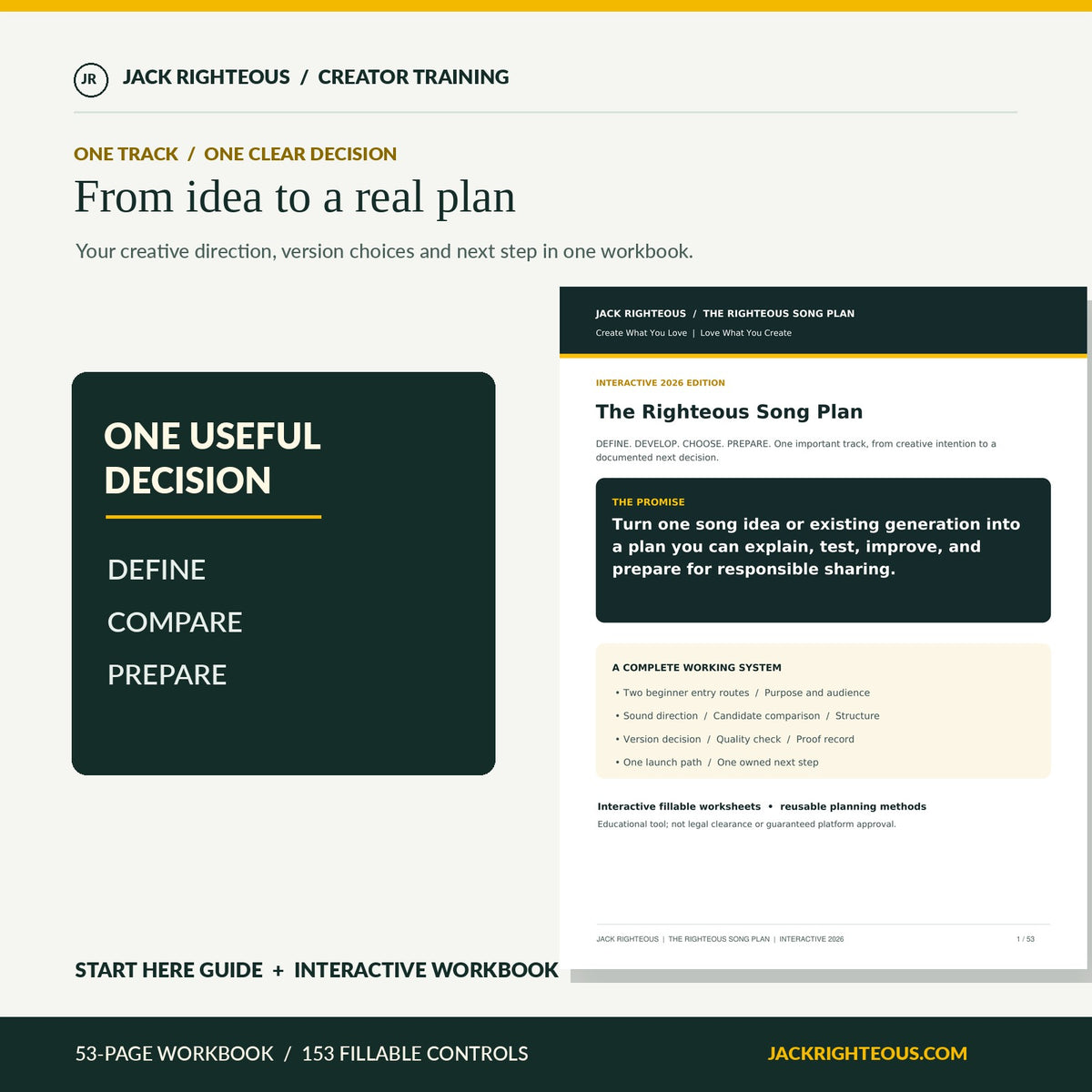 Righteous Song Plan standalone interactive workbook with a clear one-song decision path