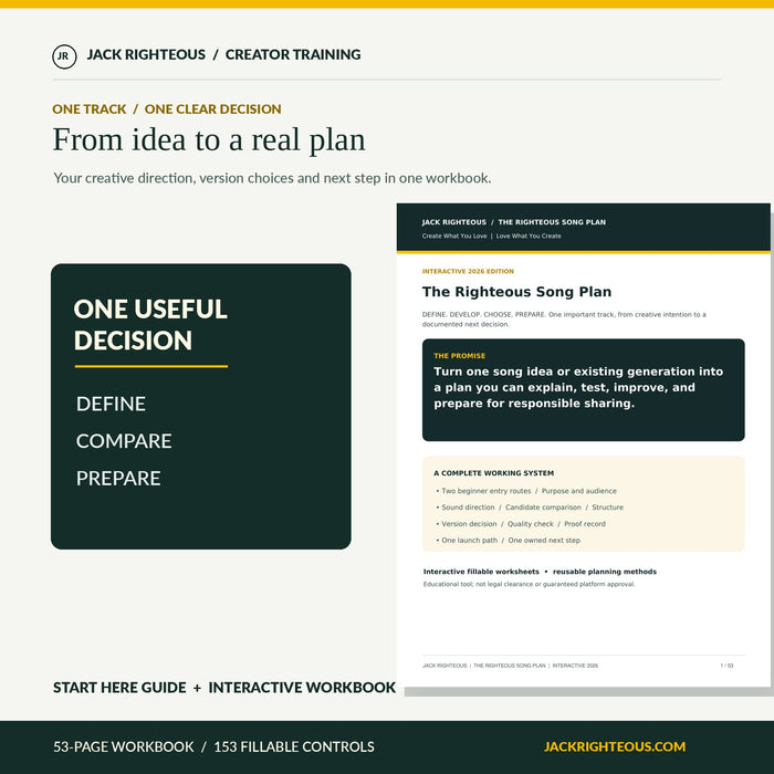 Righteous Song Plan standalone interactive workbook with a clear one-song decision path