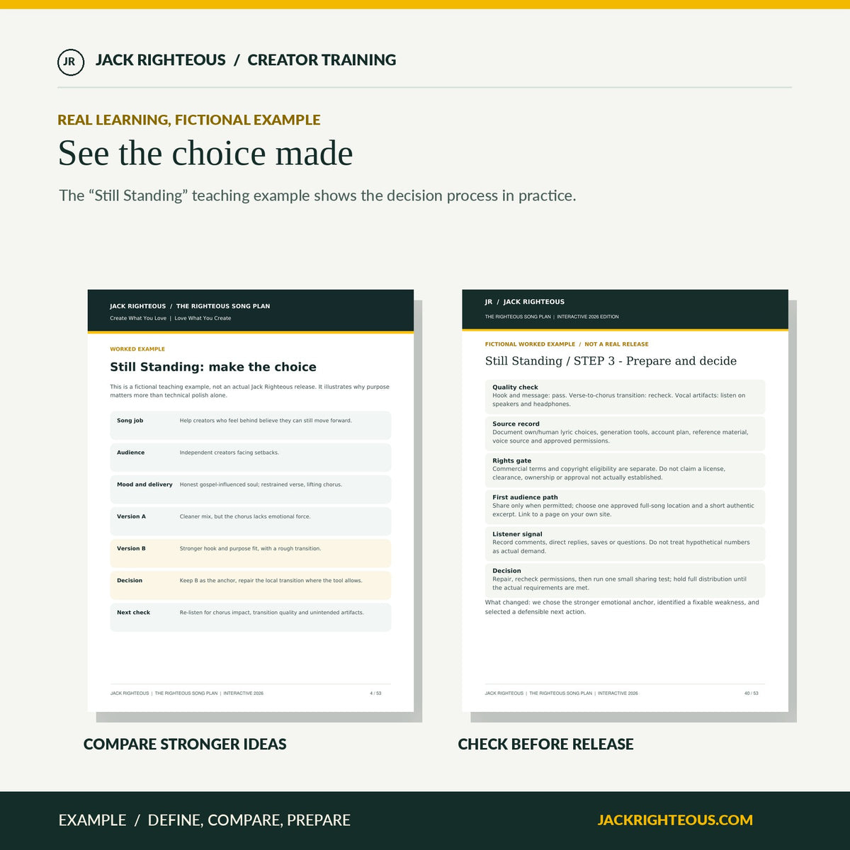 Fictional Still Standing worked song example showing comparison and pre-release decisions