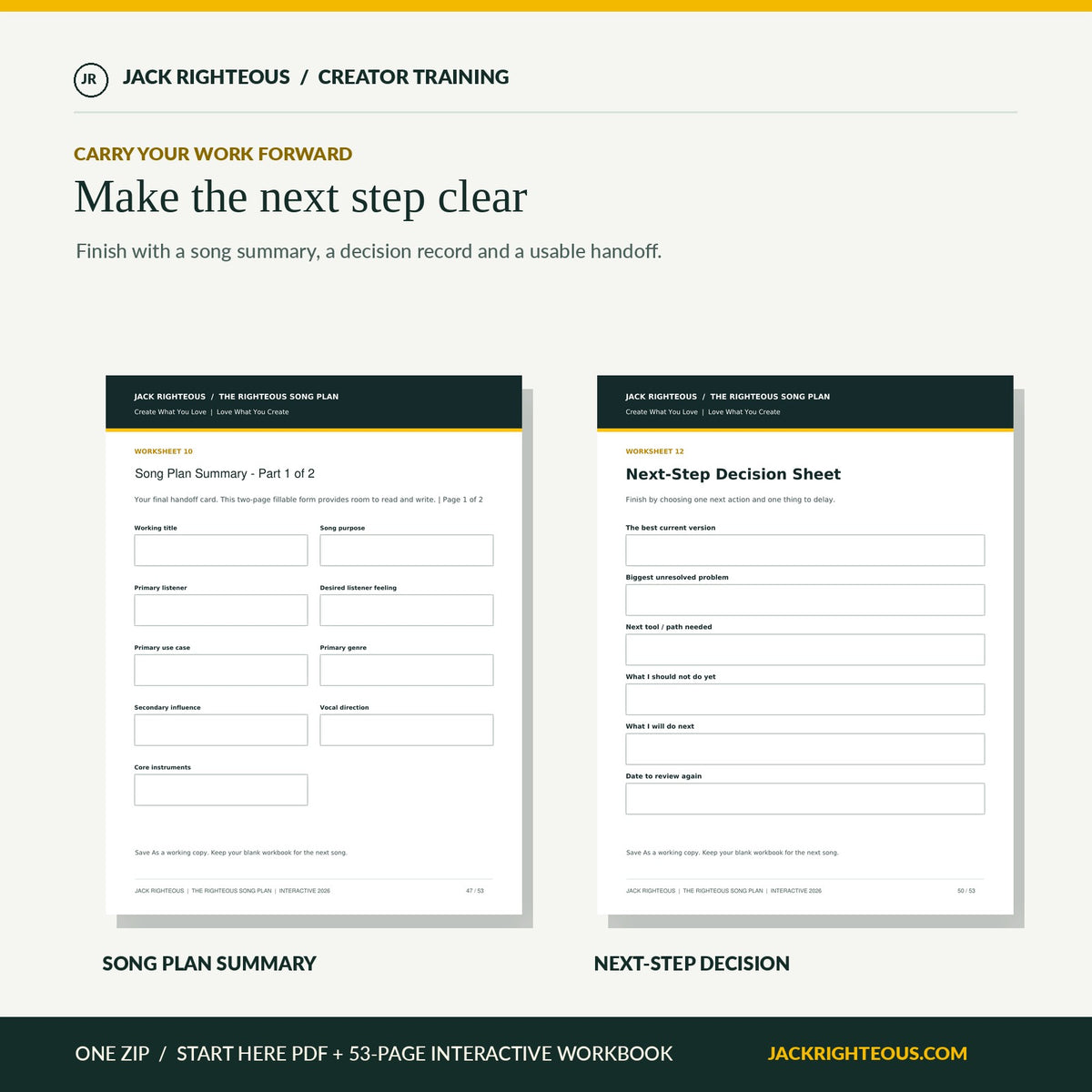 Song Plan Summary and Next-Step Decision Sheet from 53-page fillable workbook