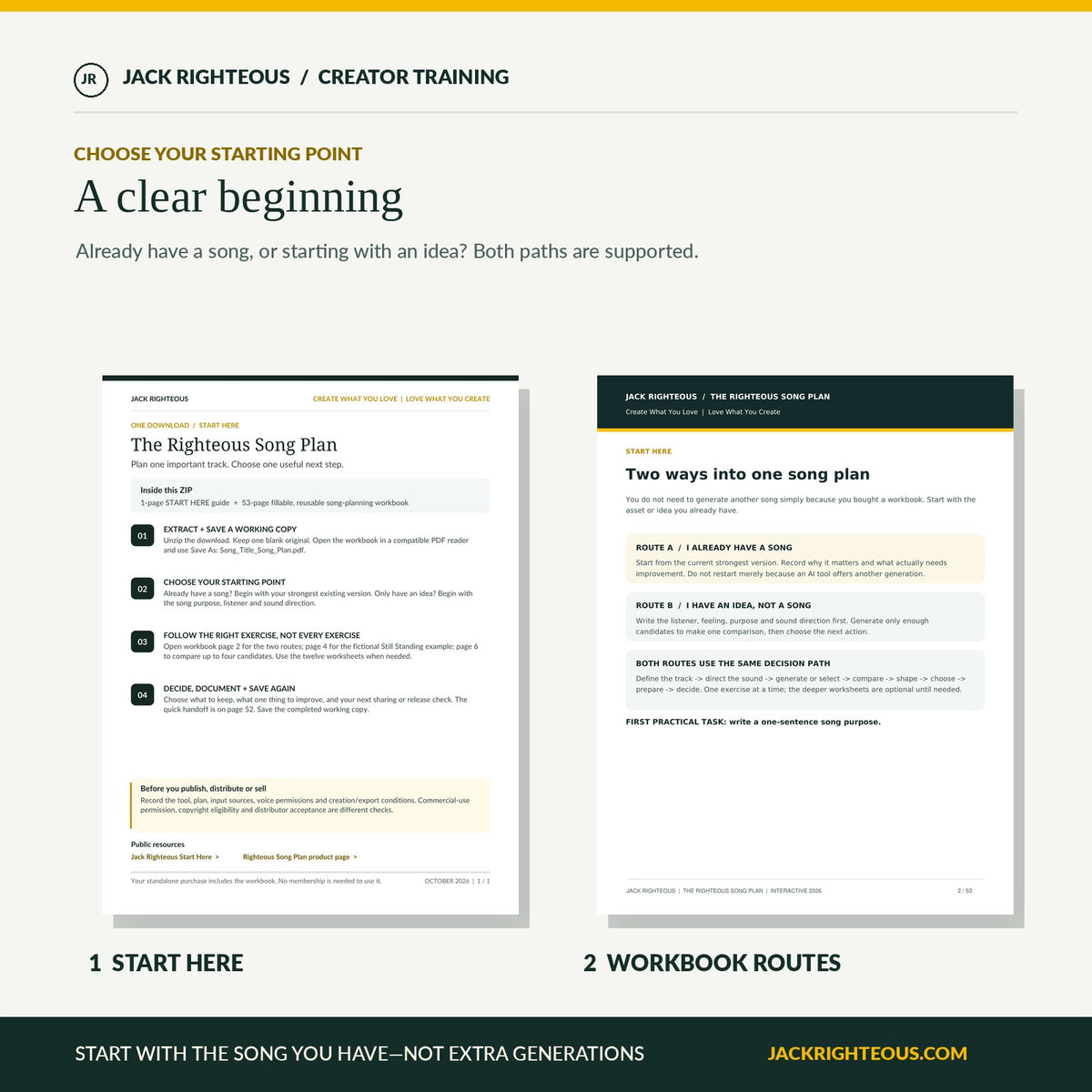 Start Here PDF and workbook showing two routes for an existing song or new idea