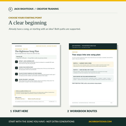 Start Here PDF and workbook showing two routes for an existing song or new idea
