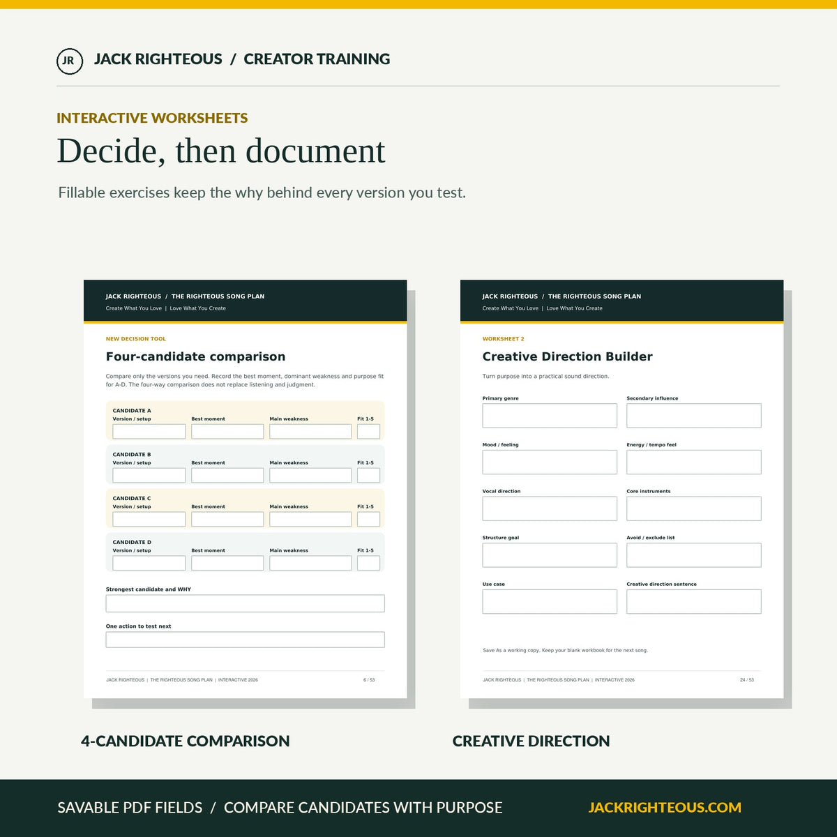 Actual fillable four-candidate comparison and Creative Direction Builder worksheets
