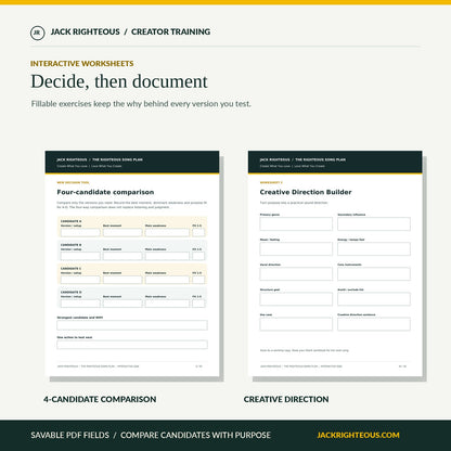 Actual fillable four-candidate comparison and Creative Direction Builder worksheets