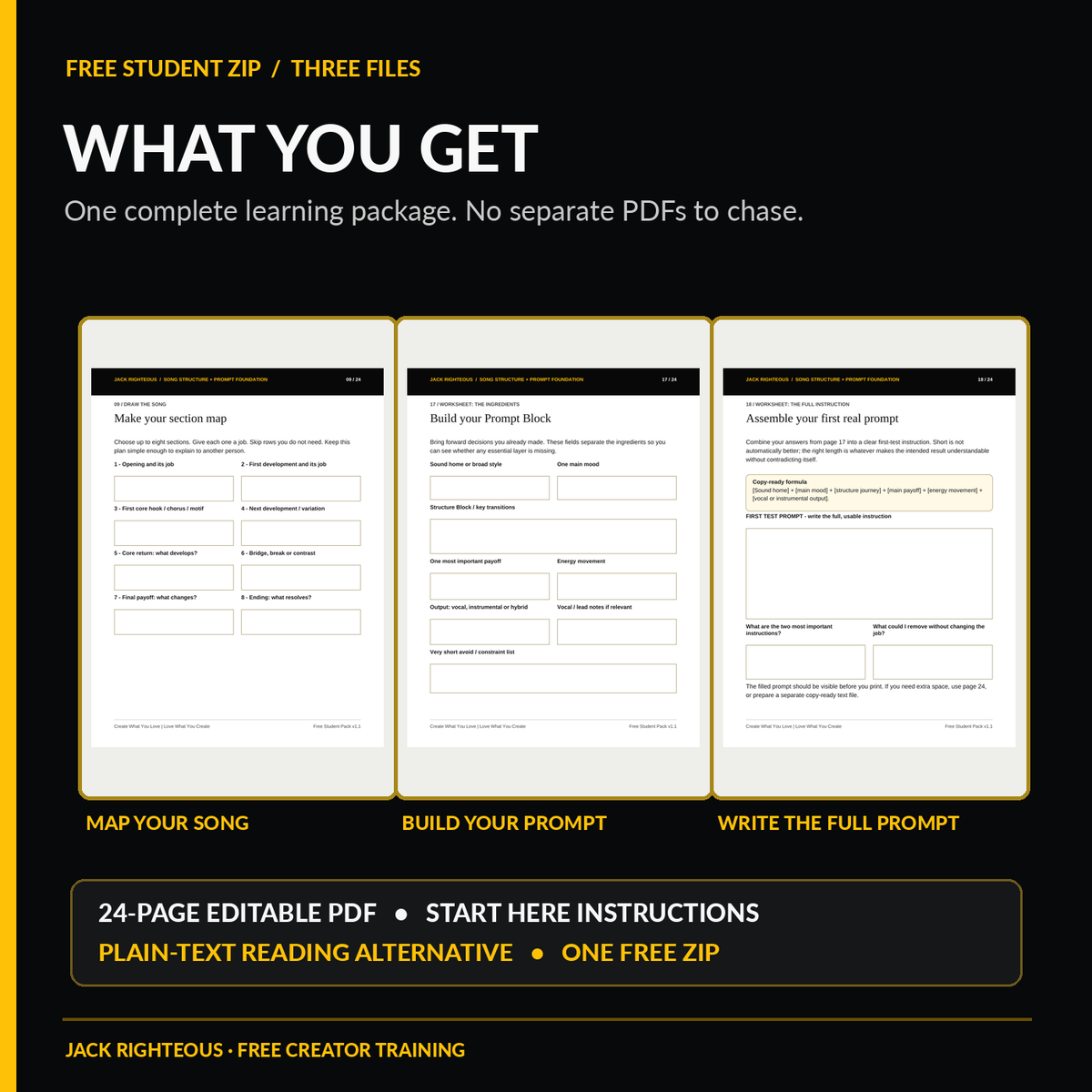 Workbook page previews: song structure planning, prompt block and full instruction, plus what is in the student ZIP