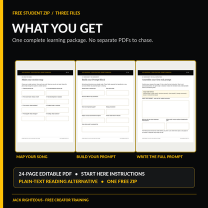 Workbook page previews: song structure planning, prompt block and full instruction, plus what is in the student ZIP