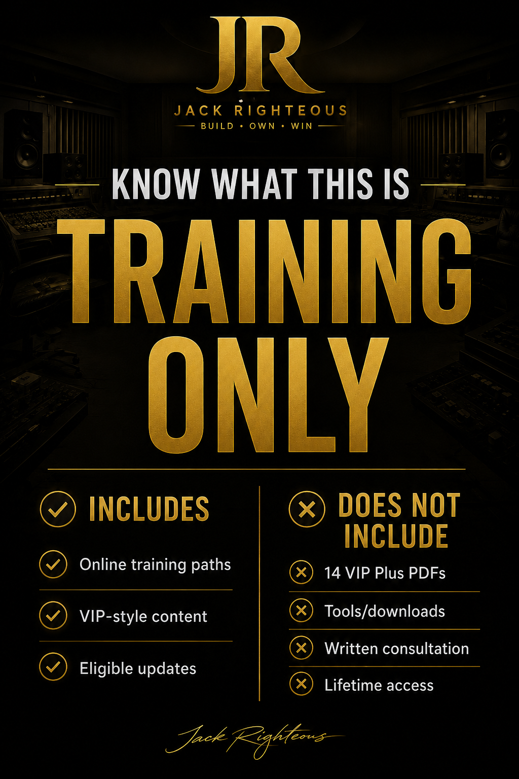 Promotional graphic for Jack Righteous training program with text and logo.