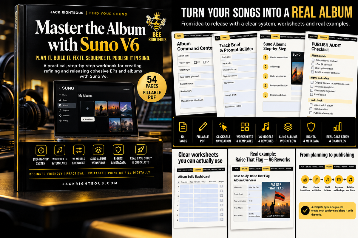 Master the Album with Suno V6 workbook showing Suno Albums steps, album dashboard, publishing checklist and real V6 example