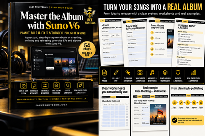 Master the Album with Suno V6 workbook showing Suno Albums steps, album dashboard, publishing checklist and real V6 example