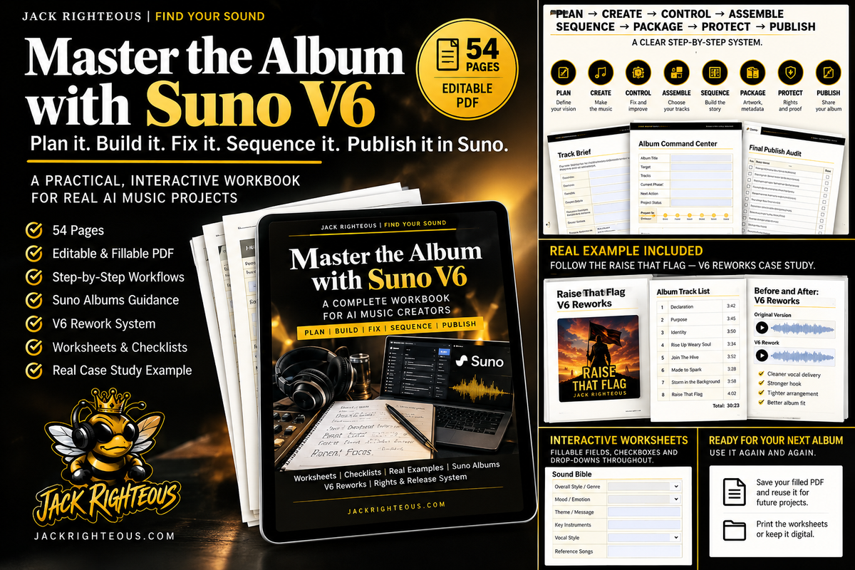 Master the Album with Suno V6 interactive workbook by Jack Righteous with album planning, worksheets, case study and publishing workflow