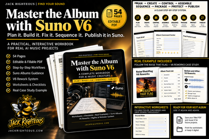 Master the Album with Suno V6 interactive workbook by Jack Righteous with album planning, worksheets, case study and publishing workflow