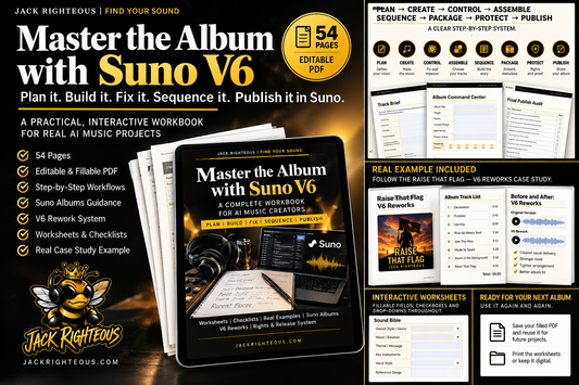 Master the Album with Suno V6 interactive workbook by Jack Righteous with album planning, worksheets, case study and publishing workflow