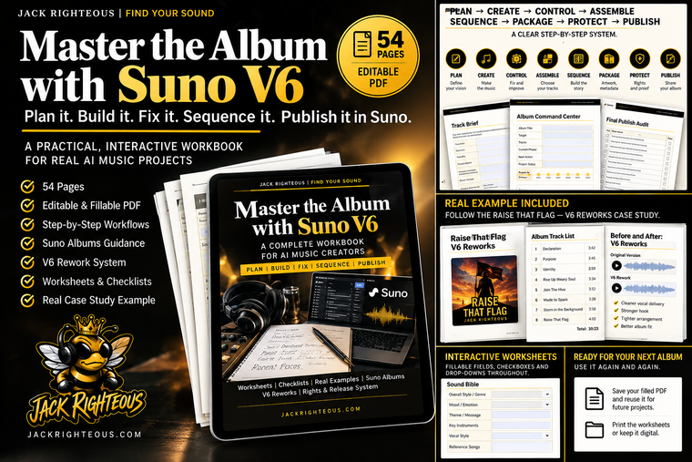 Master the Album with Suno V6 interactive workbook by Jack Righteous with album planning, worksheets, case study and publishing workflow