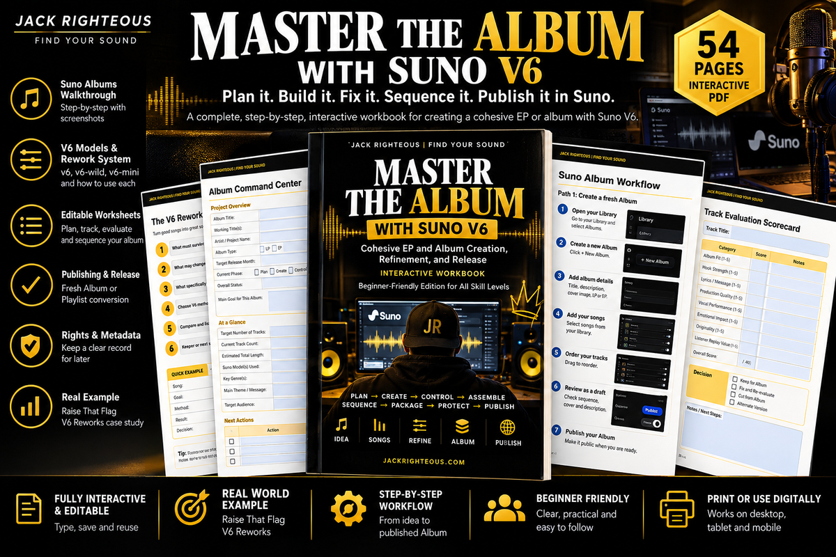 Master the Album with Suno V6 interactive PDF showing editable worksheets, V6 rework system, rights, metadata and release guidance