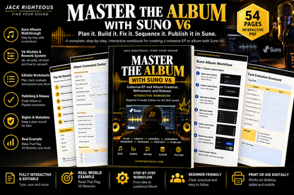 Master the Album with Suno V6 interactive PDF showing editable worksheets, V6 rework system, rights, metadata and release guidance