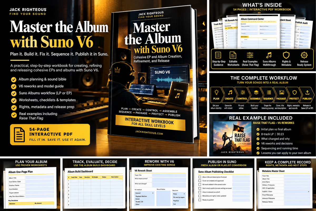 Master the Album with Suno V6 product overview showing interactive worksheets, complete workflow and Raise That Flag case study