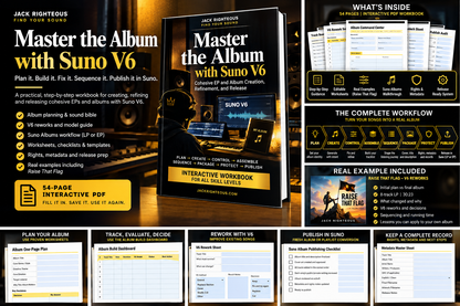 Master the Album with Suno V6 product overview showing interactive worksheets, complete workflow and Raise That Flag case study