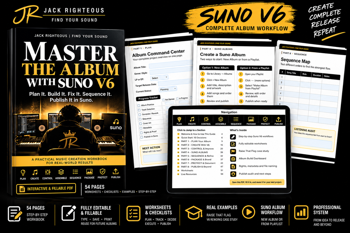 Master the Album with Suno V6 workflow showing planning, creation, control, assembly, sequencing, packaging, protection and publishing