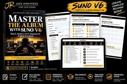 Master the Album with Suno V6 workflow showing planning, creation, control, assembly, sequencing, packaging, protection and publishing