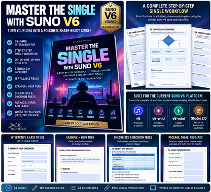 Master the Single with Suno V6 interactive workbook showing the one-song finishing workflow, fillable worksheets, V6 model choices and share-ready single process.