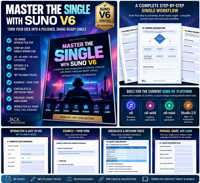 Master the Single with Suno V6 interactive workbook showing the one-song finishing workflow, fillable worksheets, V6 model choices and share-ready single process.