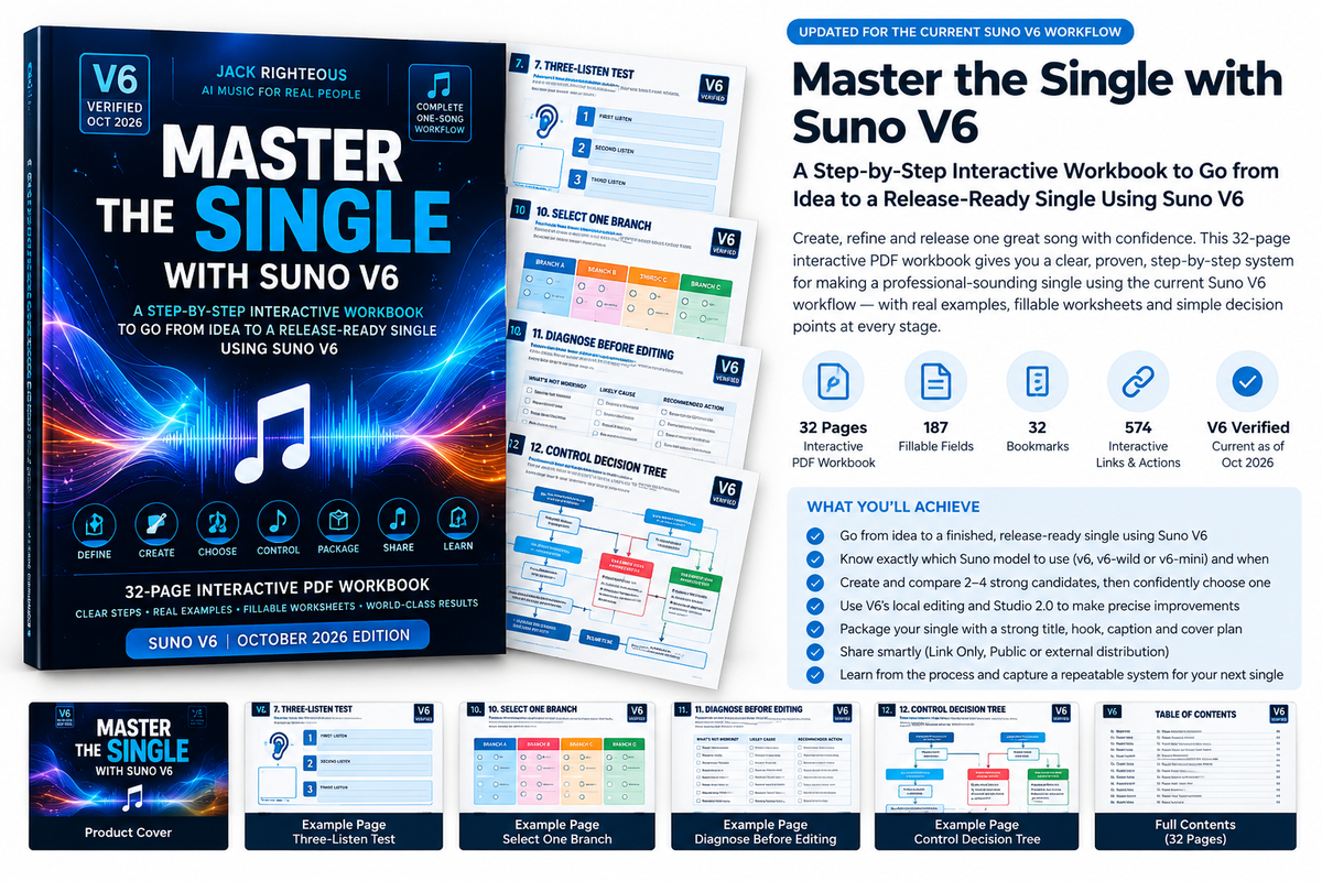 Master the Single with Suno V6 interactive PDF preview highlighting 32 pages, 187 fillable fields, clickable navigation, bookmarks and current Suno V6 guidance.