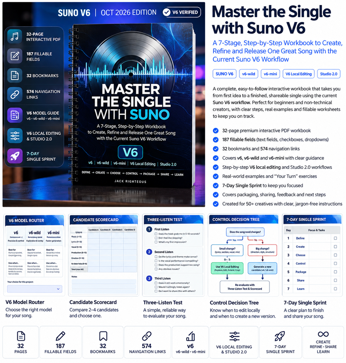 Master the Single with Suno V6 product preview showing the V6 model router, candidate scorecard, Three-Listen Test, decision tree and 7-Day Single Sprint.