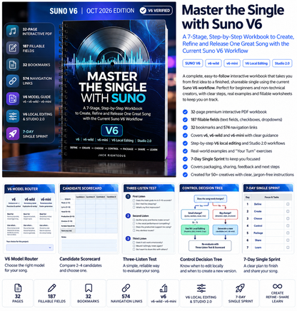 Master the Single with Suno V6 product preview showing the V6 model router, candidate scorecard, Three-Listen Test, decision tree and 7-Day Single Sprint.