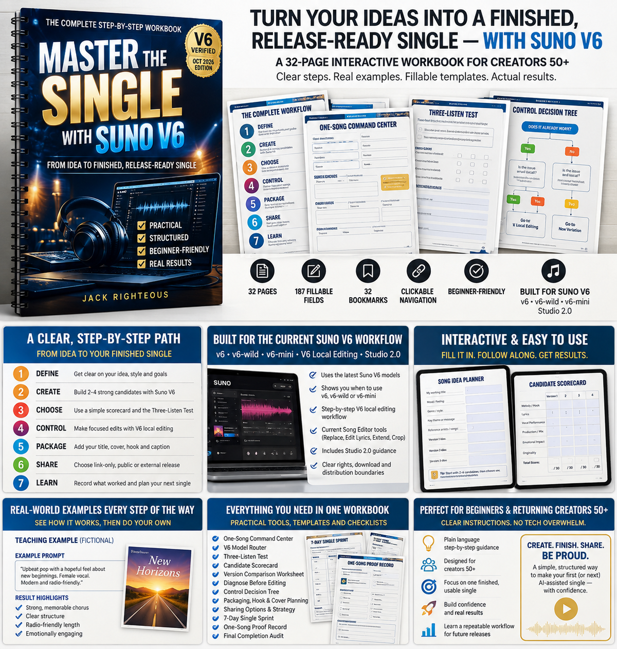 Master the Single with Suno V6 workbook overview showing the seven-stage workflow, One-Song Command Center, Three-Listen Test and Control Decision Tree.