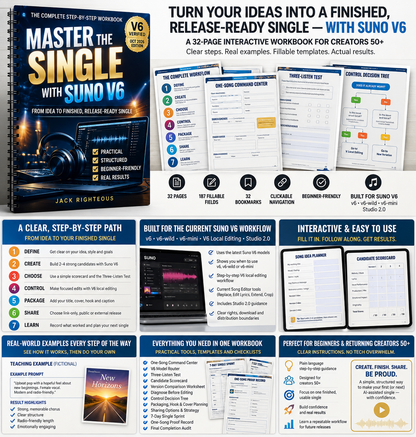 Master the Single with Suno V6 workbook overview showing the seven-stage workflow, One-Song Command Center, Three-Listen Test and Control Decision Tree.