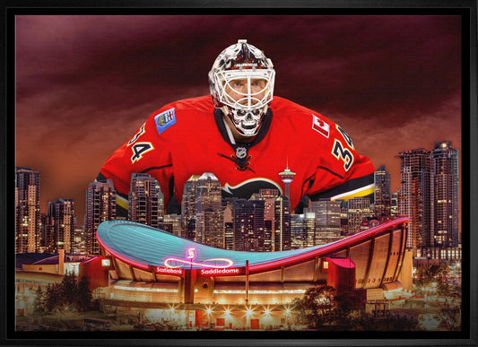 Miikka Kiprusoff 20x29 Framed Canvas Flames Skyline - Jack Righteous