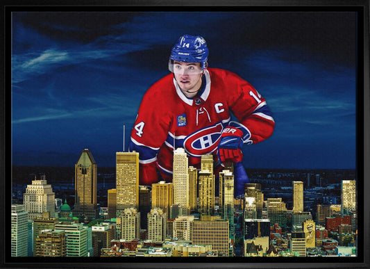 Nick Suzuki 20x29 Framed Canvas Canadiens Skyline - Jack Righteous