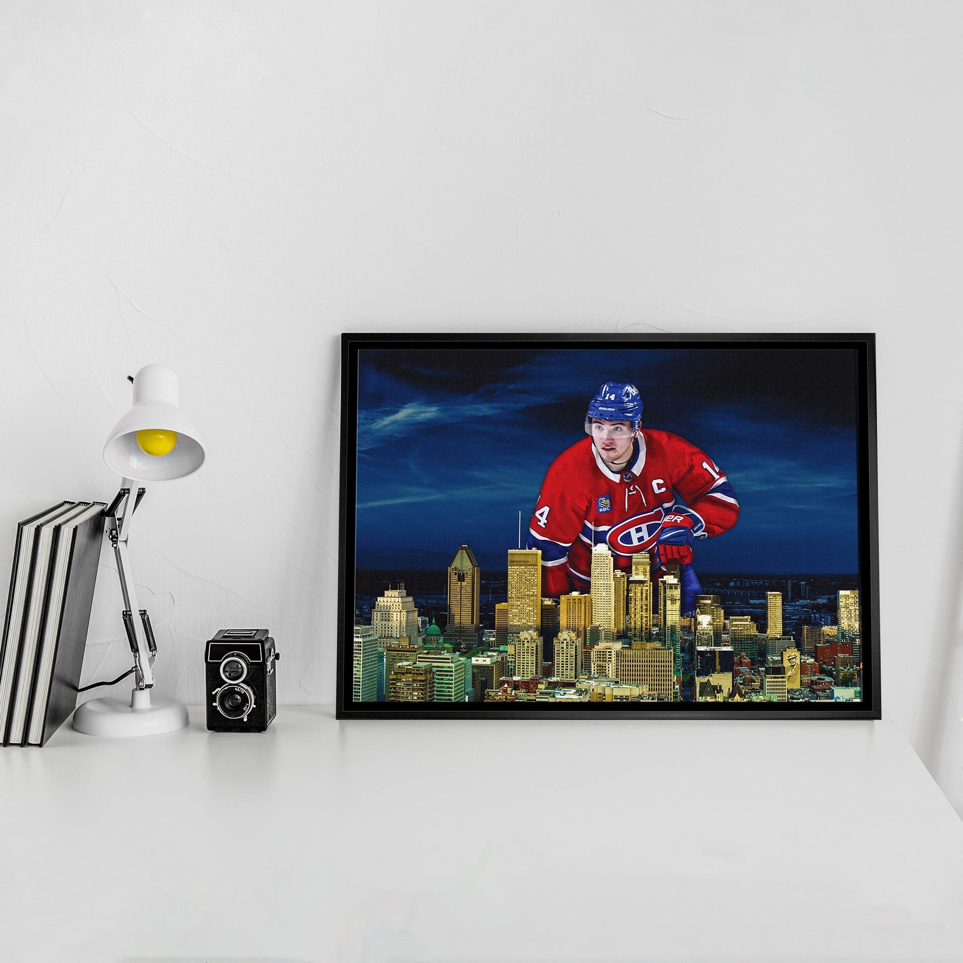 Nick Suzuki 20x29 Framed Canvas Canadiens Skyline - Jack Righteous