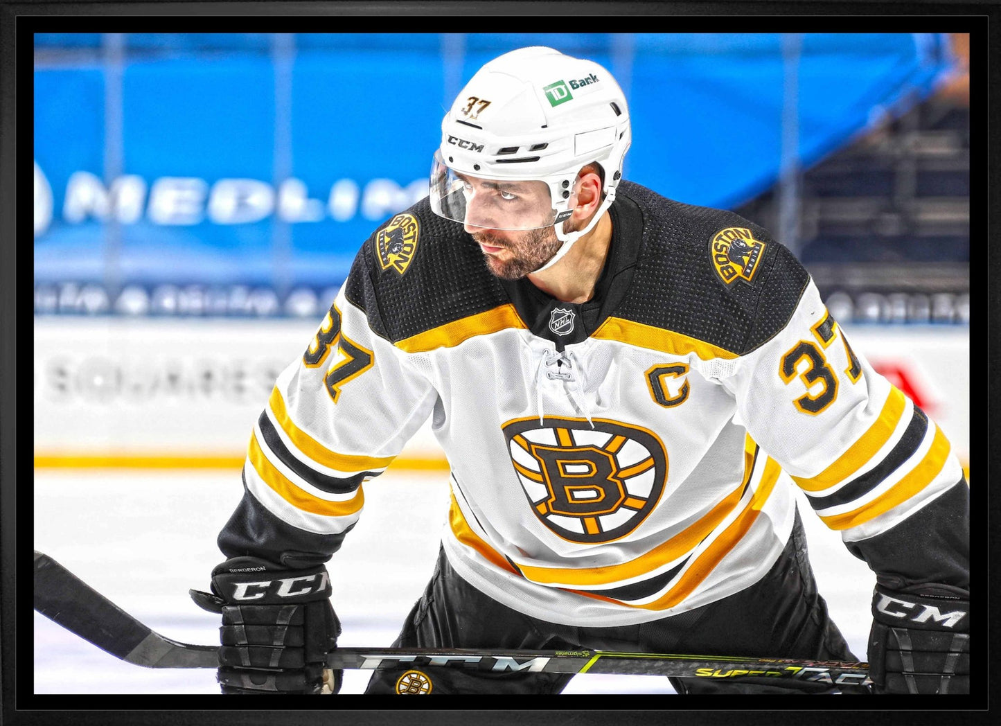 Patrice Bergeron Boston Bruins Framed 20x29 Face - Off Canvas - Jack Righteous