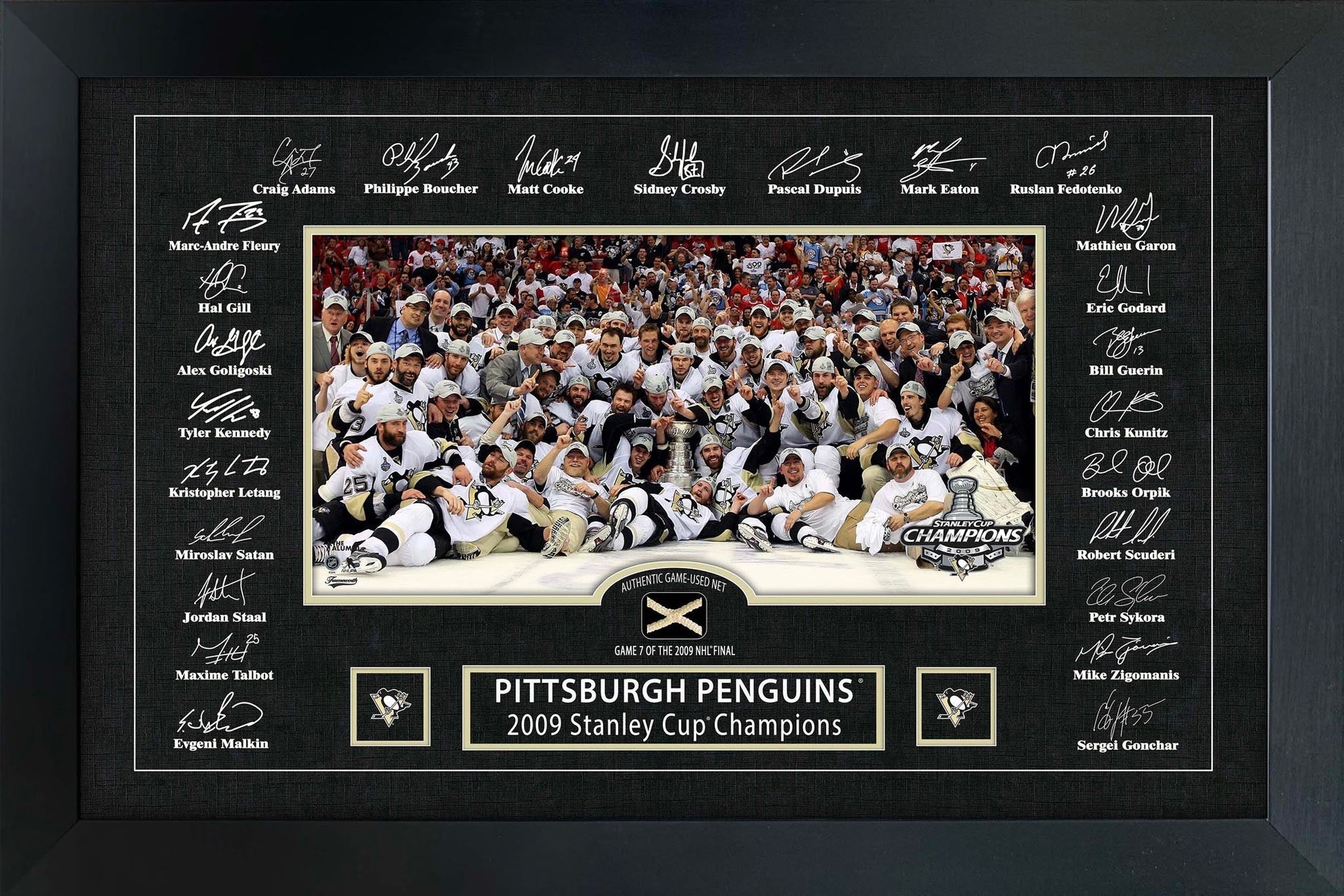 Pittsburgh Penguins 2009 Stanley Cup Replica Signature Frame with Game - Used Net - Jack Righteous