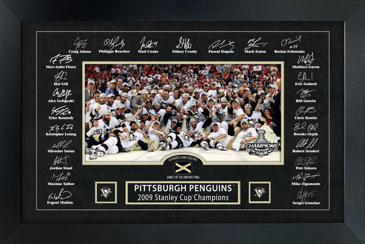Pittsburgh Penguins 2009 Stanley Cup Replica Signature Frame with Game - Used Net - Jack Righteous