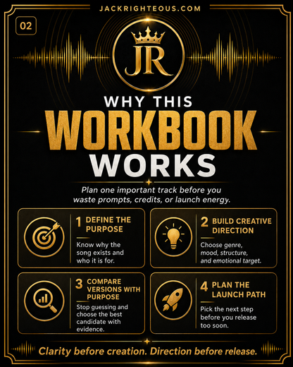 Righteous Song Plan workbook system for clarifying creative direction and moving one song toward completion