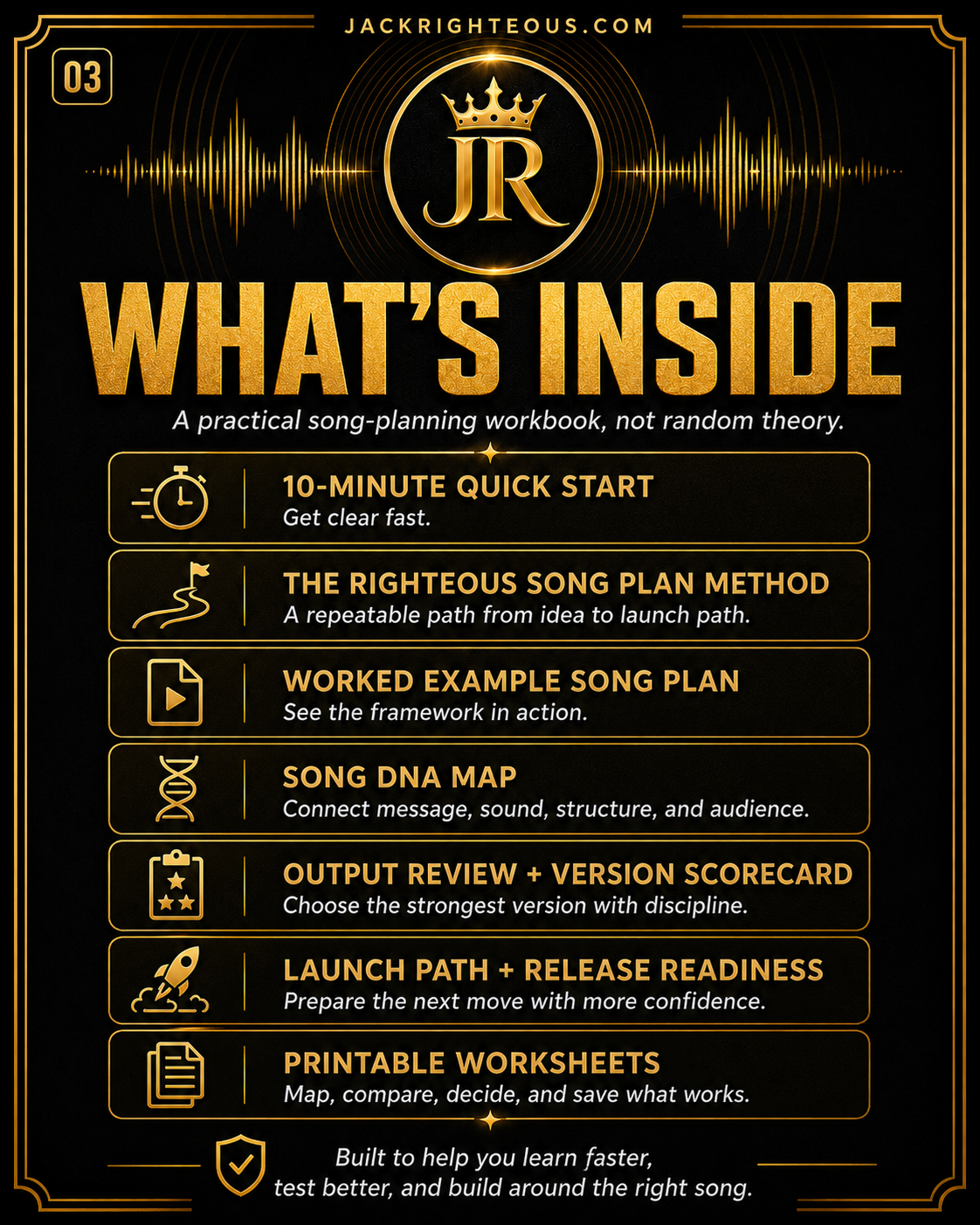 Righteous Song Plan workbook features for defining, developing, reviewing and preparing one AI music track