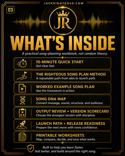 Righteous Song Plan workbook features for defining, developing, reviewing and preparing one AI music track
