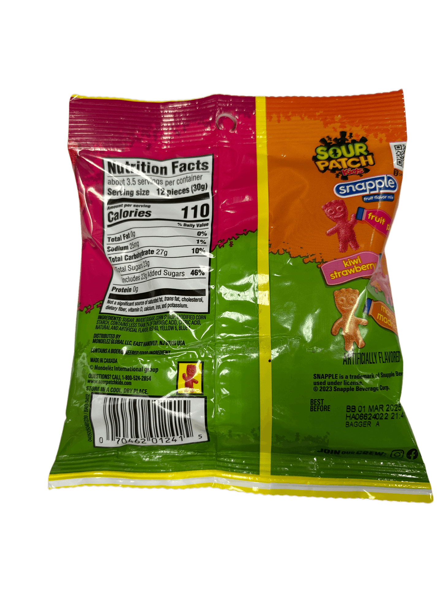 Sour Patch Kids Snapple Fruit Flavor Mix Peg Bag 3.61OZ BB 03/25