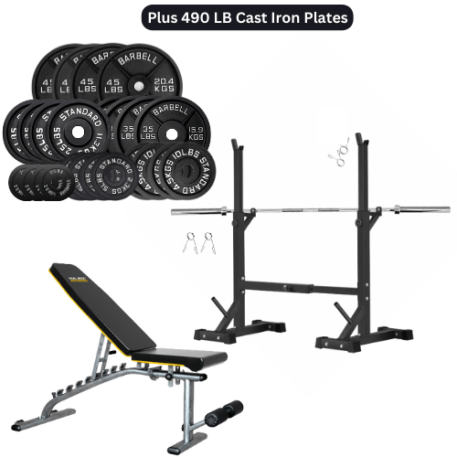 Squat Rack, Bench, Barbell & Weight Plates Stack - Jack Righteous