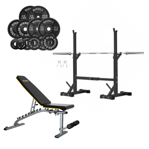 Squat Rack, Bench, Barbell & Weight Plates Stack - Jack Righteous