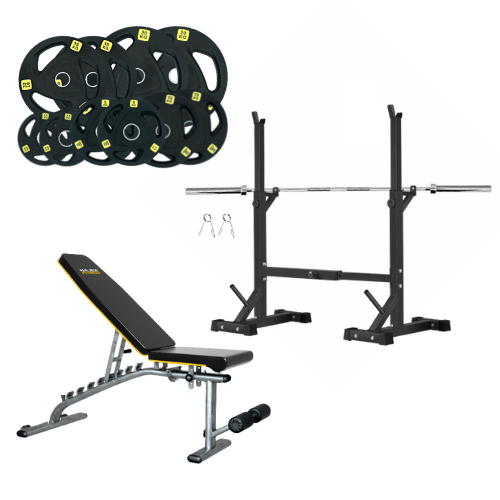 Squat Rack, Bench, Barbell & Weight Plates Stack - Jack Righteous