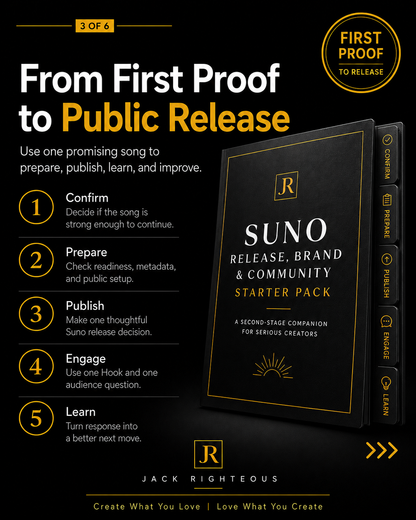 Five-step path from first proof to public Suno release, engagement, and learning.