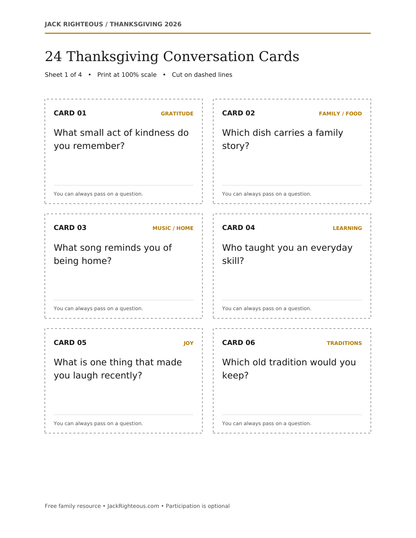 Actual printable page with six Thanksgiving conversation cards and dashed cutting guides