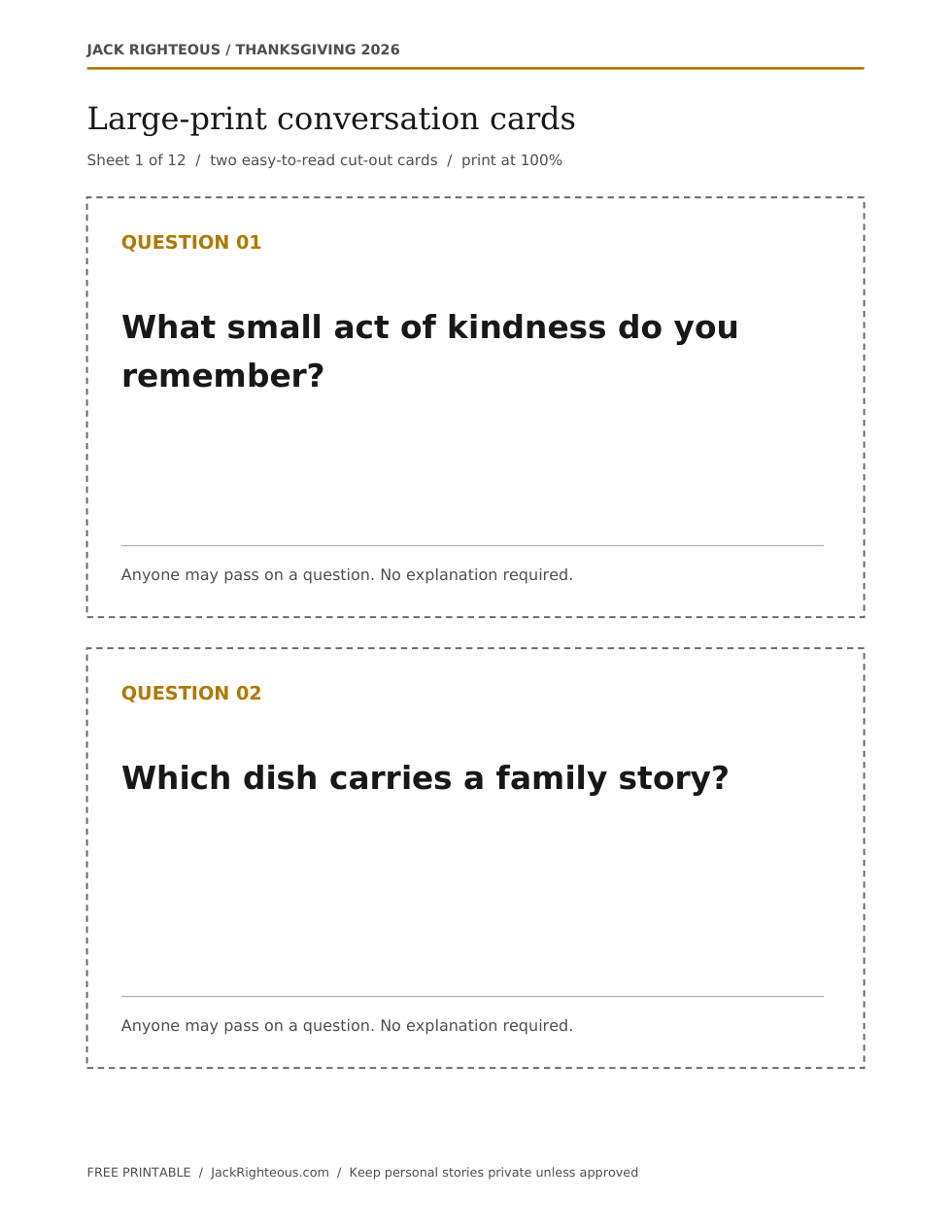 Actual large-print Thanksgiving conversation cards sample, two cards on US Letter paper