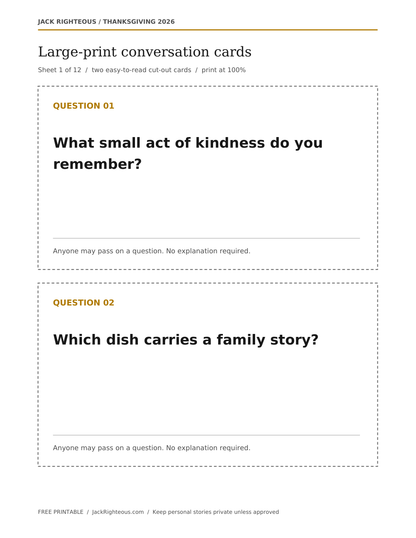 Actual large-print Thanksgiving conversation cards sample, two cards on US Letter paper